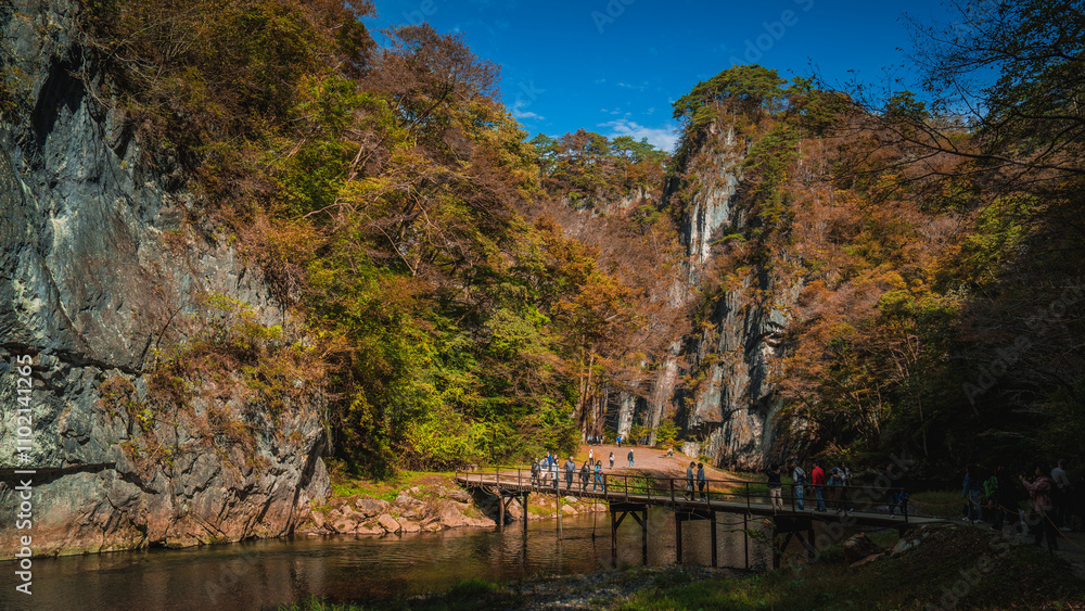 Fototapeta premium Geibikei gorge valley Japan, travel destinations in autumn or fall season, color of leaf in yellow, orange and green. Nature and mountain attraction view. floating activity. Japan sightseeing.