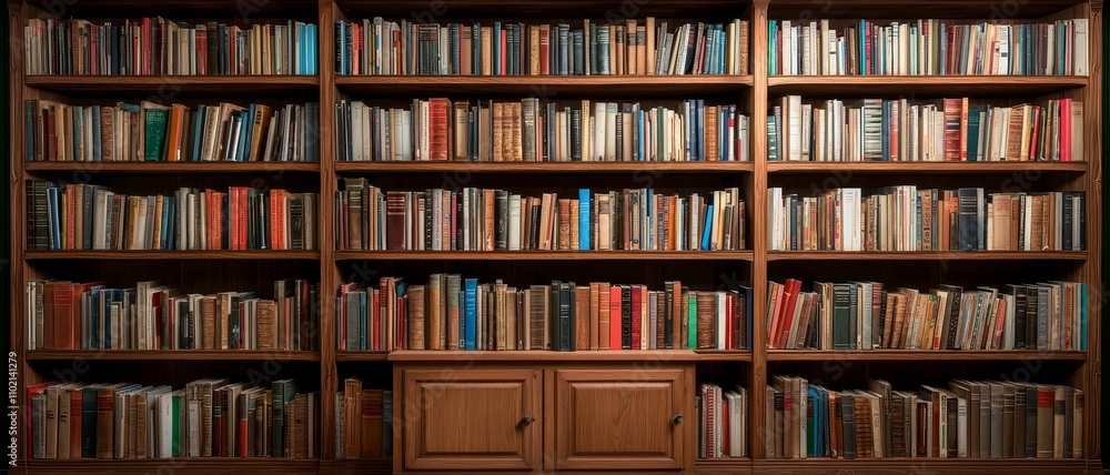 Symmetrical Bookcase Filled with Books in Warm Wood Tones for Intellectual Spaces and Library Themes Symmetrical Bookcase Filled with Books in Warm Wood Tones for Intellectual Spaces and Library Themes