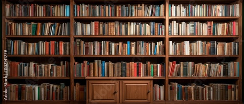 Symmetrical Bookcase Filled with Books in Warm Wood Tones for Intellectual Spaces and Library Themes