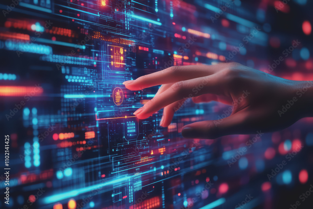 Close-up hand touching digital IoT technology AI chatbot smart device cyber security. Close-up hand touching digital IoT technology AI chatbot smart device cyber security.