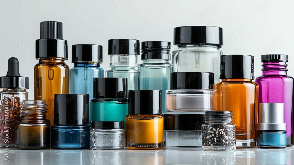 An assortment of cosmetic bottles and jars displayed An assortment of cosmetic bottles and jars displayed