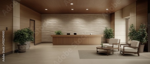 Symmetrical Elegance Modern Wood-paneled Lobby with Textured Walls, Serene Ambiance