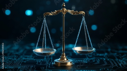 Symmetrical Golden Scale of Justice on Technological Circuit Board - Modern Legal Concept in Digital World