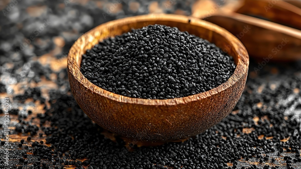 Bowl of black sesame seeds on rustic wooden surface with scattered grains Bowl of black sesame seeds on rustic wooden surface with scattered grains