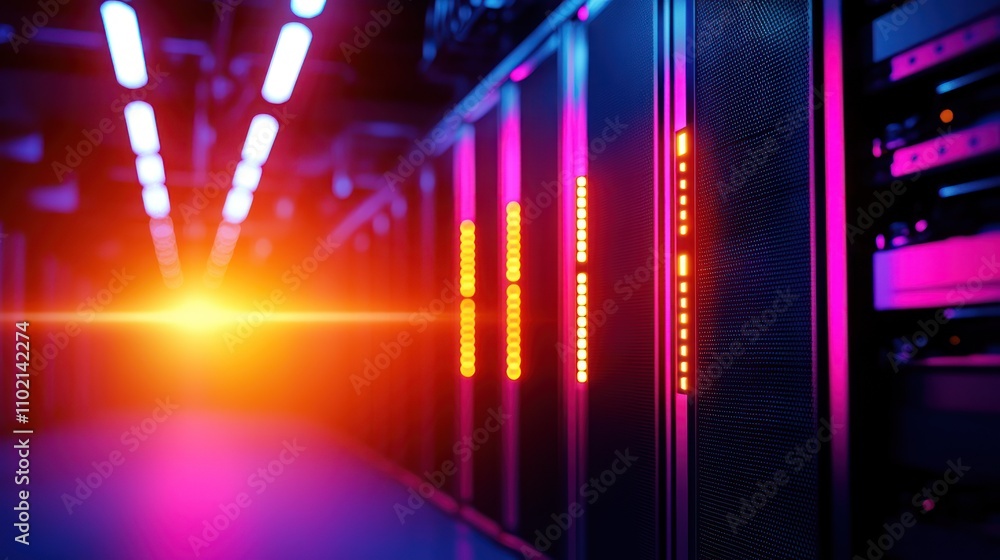 A vibrant server room illuminated by colorful lights, showcasing rows of servers and technology in a futuristic setting. A vibrant server room illuminated by colorful lights, showcasing rows of servers and technology in a futuristic setting.