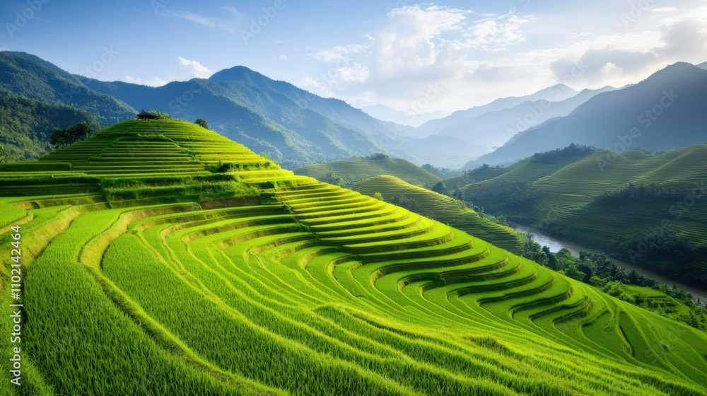 A breathtaking landscape featuring lush green terraced rice fields set against majestic mountains under a bright sky. A breathtaking landscape featuring lush green terraced rice fields set against majestic mountains under a bright sky.
