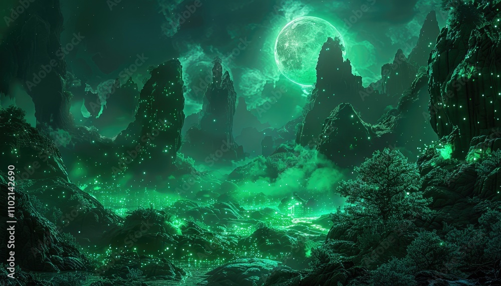 A Mystical Green Moonlit Landscape with Glowing Lights and Tall Rocks A Mystical Green Moonlit Landscape with Glowing Lights and Tall Rocks