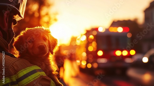 A firefighter holds a puppy against a sunset backdrop, with a fire truck in the background, capturing a moment of rescue and compassion. photo