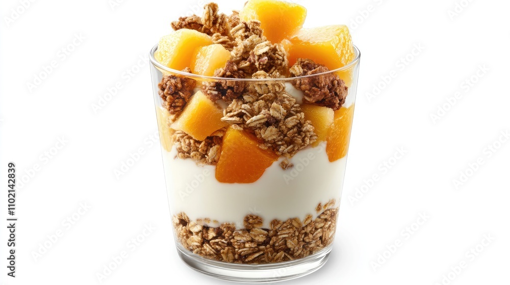 A yogurt parfait with granola and fresh fruits, healthy breakfast food, isolated on white background A yogurt parfait with granola and fresh fruits, healthy breakfast food, isolated on white background