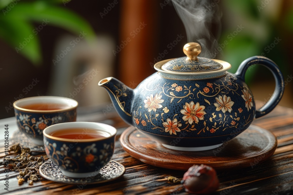 Elegant teapot with steam rising, accompanied by two teacups, evokes a sense of tranquility and warmth Elegant teapot with steam rising, accompanied by two teacups, evokes a sense of tranquility and warmth
