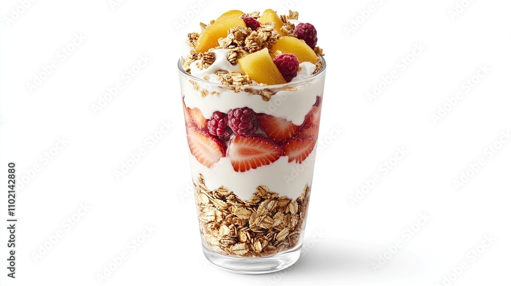 A yogurt parfait with granola and fresh fruits, healthy breakfast food, isolated on white background A yogurt parfait with granola and fresh fruits, healthy breakfast food, isolated on white background