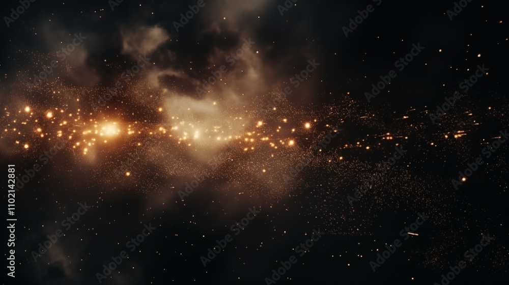 Naklejka premium A galaxy with stars and planets, golden hour lighting, space on the left,generative ai illustration