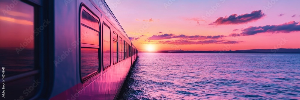 Fototapeta premium Sunset Train Journey - A vibrant sunset over calm waters, viewed from a train window. Symbolizes travel, adventure, serenity, escape, and new beginnings.