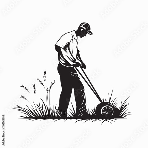 Man Farmer Worker Character Mowing Grass image Vector isolated on white background.