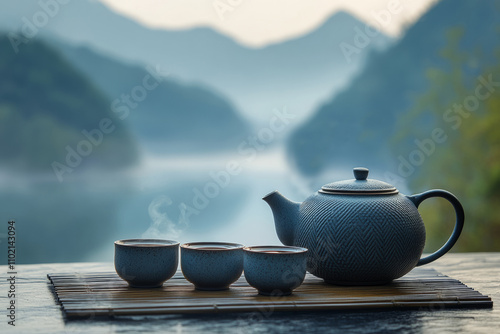 Teapot and cups with steaming tea on bamboo mat, creating a peaceful atmosphere with a misty mountain lake backdrop photo