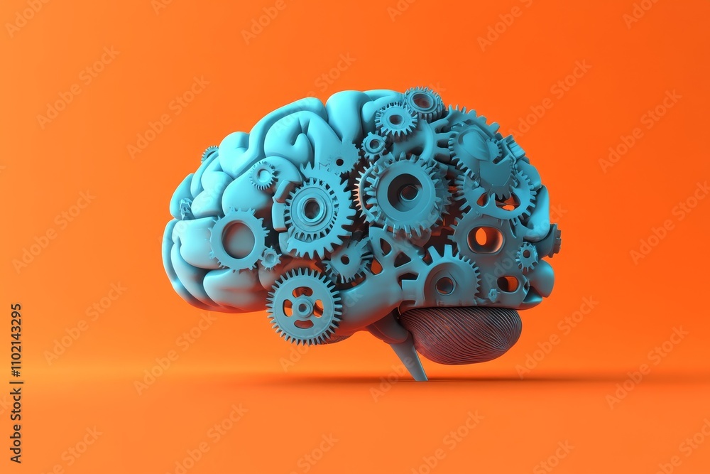 The Mechanical Mind: A 3D Brainpower Concept - Blue brain, orange background, gears, mechanism, intellect; symbolizing intelligence, innovation, complexity, technology, and potential. The Mechanical Mind: A 3D Brainpower Concept - Blue brain, orange background, gears, mechanism, intellect; symbolizing intelligence, innovation, complexity, technology, and potential.