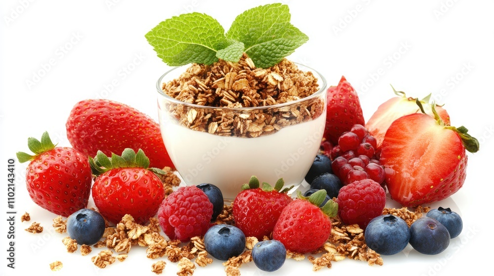 A yogurt parfait with granola and fresh fruits, healthy breakfast food, isolated on white background A yogurt parfait with granola and fresh fruits, healthy breakfast food, isolated on white background