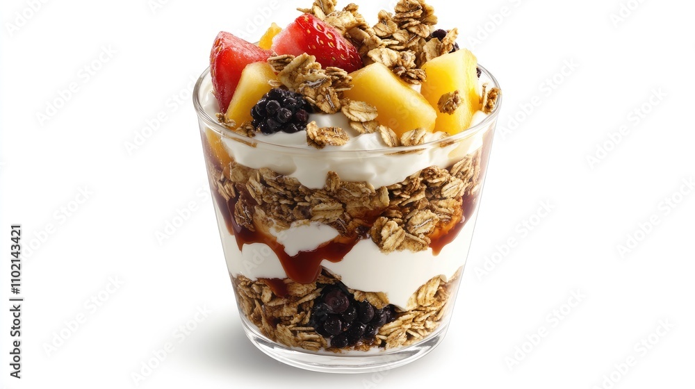A yogurt parfait with granola and fresh fruits, healthy breakfast food, isolated on white background A yogurt parfait with granola and fresh fruits, healthy breakfast food, isolated on white background