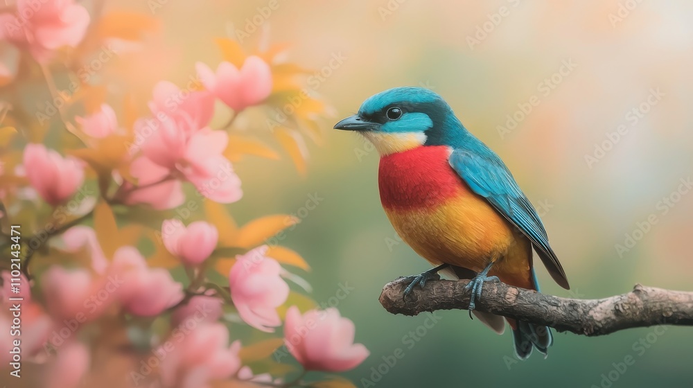 Vibrant Bird Perched on Blossoming Branch in Dreamlike Natural Setting - Wildlife Closeup with Soft Bokeh Background Vibrant Bird Perched on Blossoming Branch in Dreamlike Natural Setting - Wildlife Closeup with Soft Bokeh Background