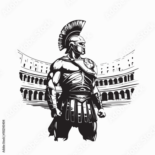 Brave Gladiator Standing Proudly in the Center of the Colosseum Vector Illustration with White Background