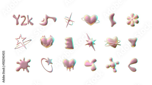 A collection of 3D shapes with unusual shiny pink shapes isolated on a white background,