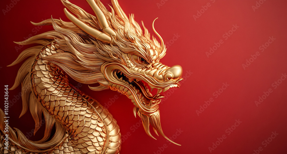 Fototapeta premium A stunning gold Chinese dragon sculpture against a vibrant red background, ideal for celebrating Lunar New Year, symbolizing prosperity and cultural significance.