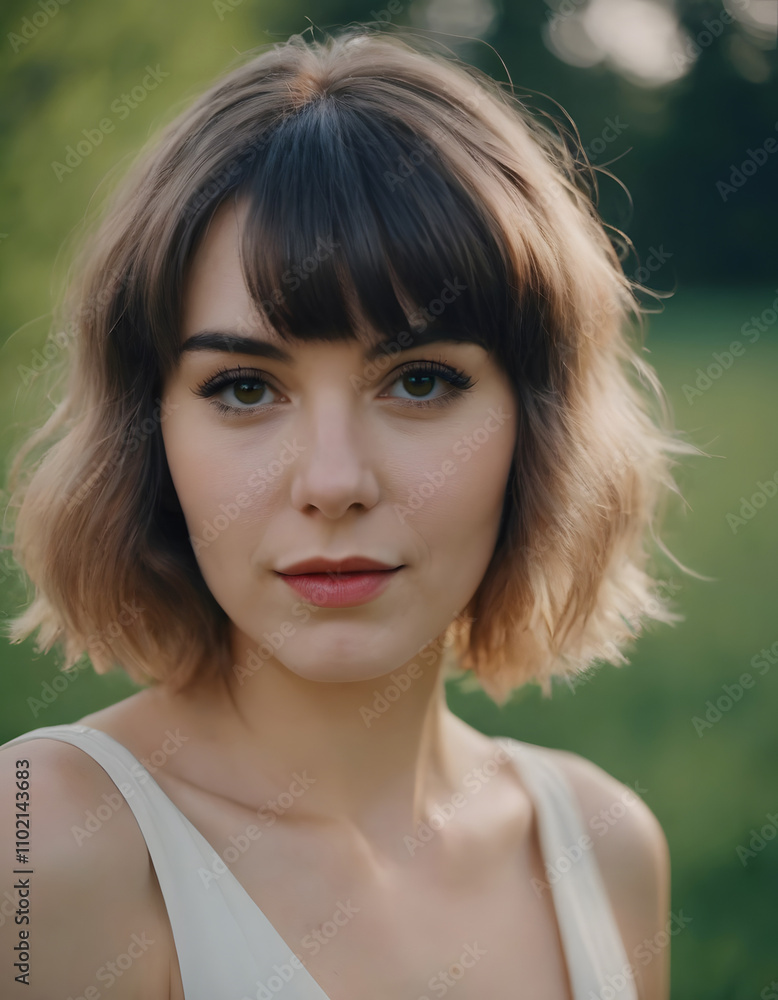 Portrait of young caucasian female outdoors with short hair and natural makeup Portrait of young caucasian female outdoors with short hair and natural makeup