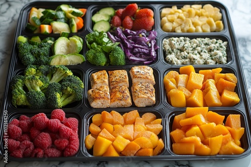 Vibrant Meal Prep Tray: Healthy & Delicious - A colorful, healthy meal prep tray featuring grilled salmon, fresh vegetables, fruit, and more. Perfect for a balanced diet.  Health, wellness, nutrition, photo