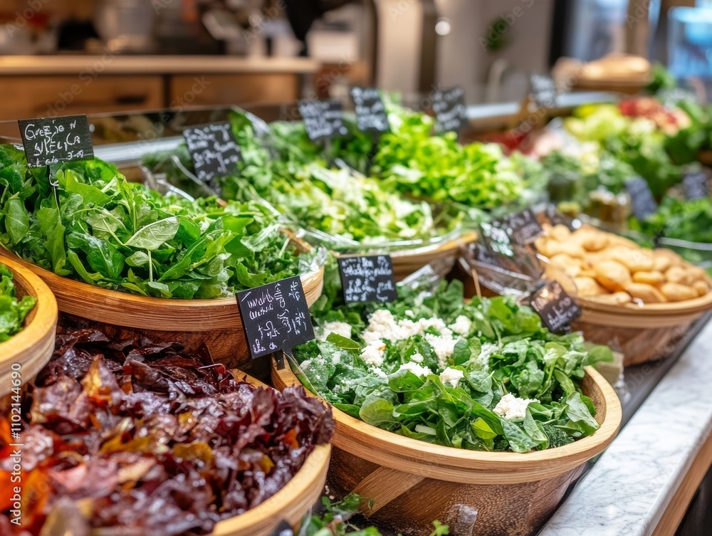Fototapeta premium A vibrant display of fresh salads and greens in a wooden bowl arrangement at a salad bar