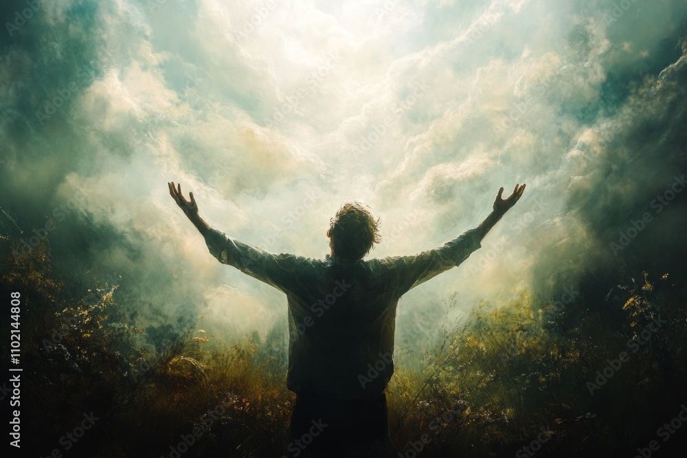 Man with open arms enjoying freedom and spirituality, embracing nature and feeling happy Man with open arms enjoying freedom and spirituality, embracing nature and feeling happy