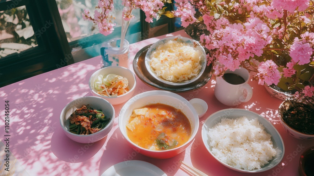 Colorful Asian Cuisine Spread with Cherry Blossoms in Soft Light Colorful Asian Cuisine Spread with Cherry Blossoms in Soft Light