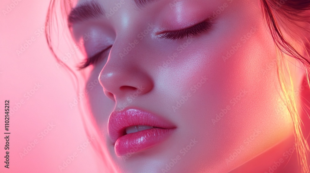 A woman with a pinkish face and a pink background A woman with a pinkish face and a pink background