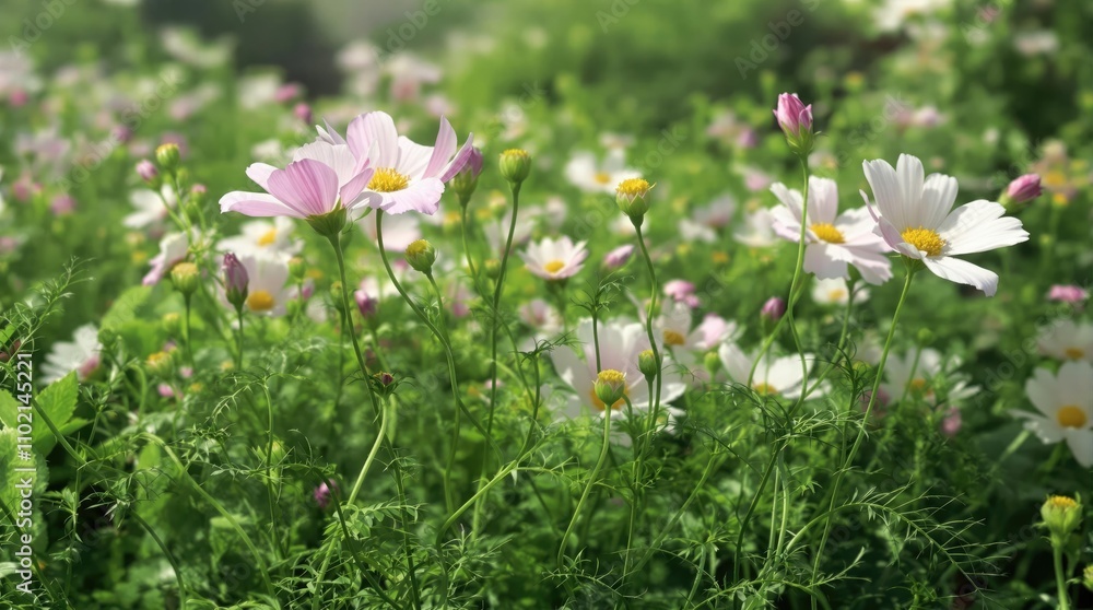 A group of cosmos flowers swaying gently in the breeze amidst lush green foliage, garden flowers, plant anatomy A group of cosmos flowers swaying gently in the breeze amidst lush green foliage, garden flowers, plant anatomy