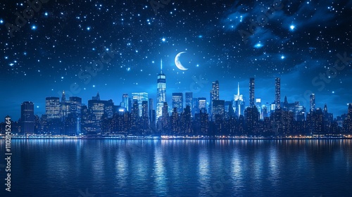 Nighttime Cityscape Under Starry Sky And Crescent Moon photo