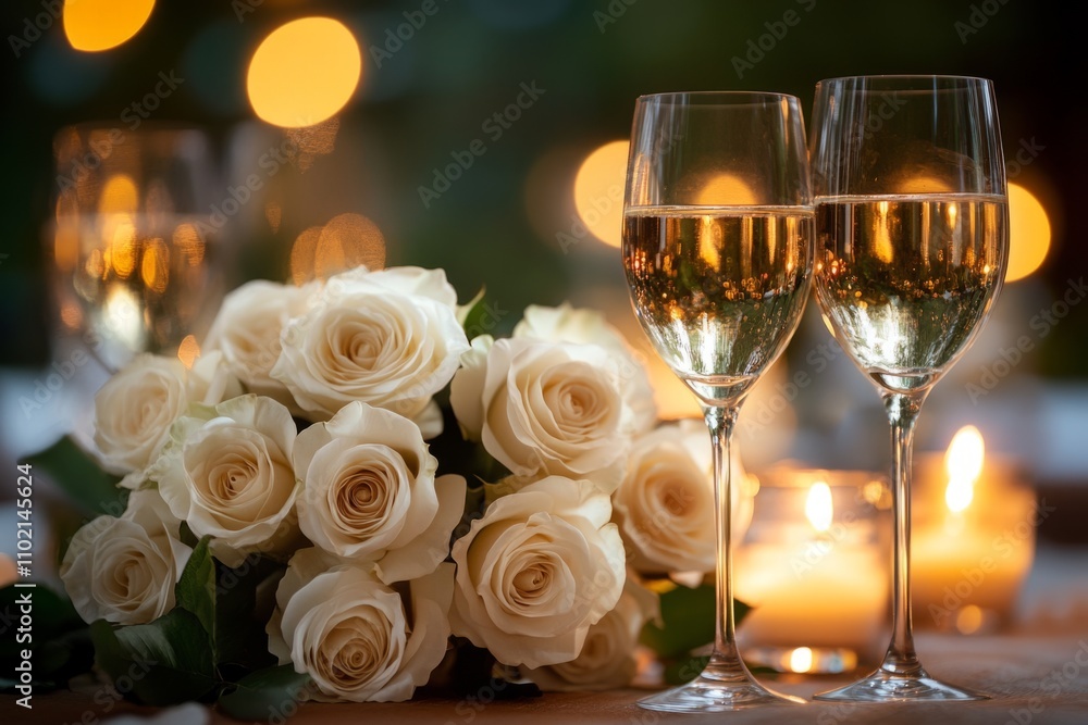 White roses and two glasses of sparkling wine create a romantic atmosphere, perfect for celebrating a special occasion White roses and two glasses of sparkling wine create a romantic atmosphere, perfect for celebrating a special occasion