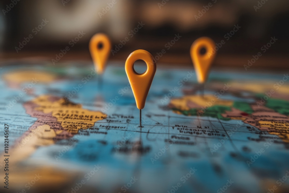 Orange location pins marking travel destinations on a world map, suggesting future trips and global exploration Orange location pins marking travel destinations on a world map, suggesting future trips and global exploration