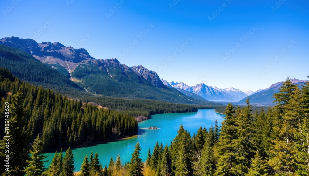 Panoramic view of a pristine turquoise lake nestled amidst majestic mountains and lush evergreen forests under a clear blue sky. Panoramic view of a pristine turquoise lake nestled amidst majestic mountains and lush evergreen forests under a clear blue sky.