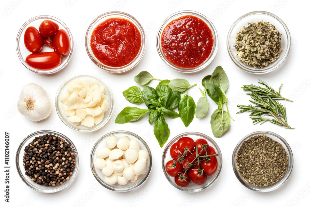 Fresh ingredients for making delicious italian pizza lie on a white background, creating a vibrant and appetizing display Fresh ingredients for making delicious italian pizza lie on a white background, creating a vibrant and appetizing display
