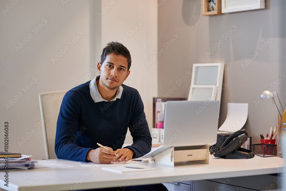 Office, businessman and portrait with laptop for research, filling document and project for administration. Career, male person and secretary with paperwork for corporate report, proposal and pride Office, businessman and portrait with laptop for research, filling document and project for administration. Career, male person and secretary with paperwork for corporate report, proposal and pride
