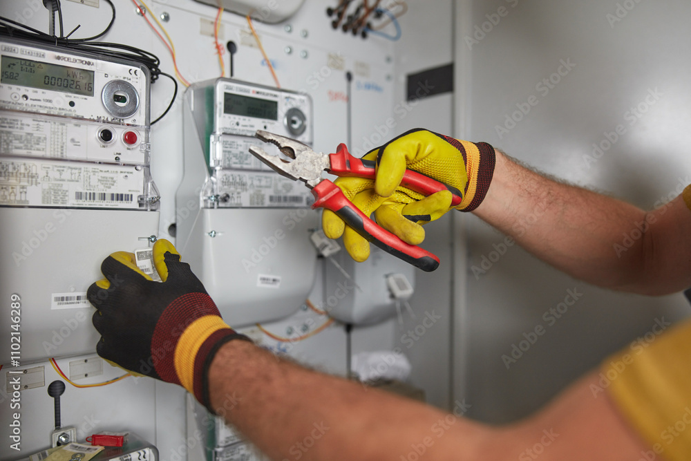 Technician working on a modern electricity power meter station.