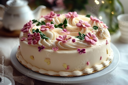 Round cake decorated with pink flowers and swirls of white cream, sitting on a white plate