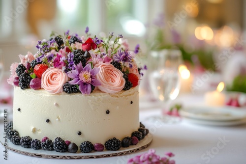 Creamy cake decorated with pink roses, blackberries, strawberries and other flowers and fruits, placed on a table set for a celebration