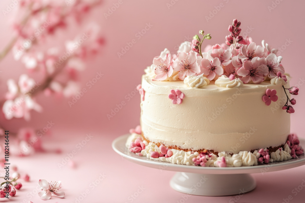 White cake decorated with pink flowers is standing on a white cake stand White cake decorated with pink flowers is standing on a white cake stand