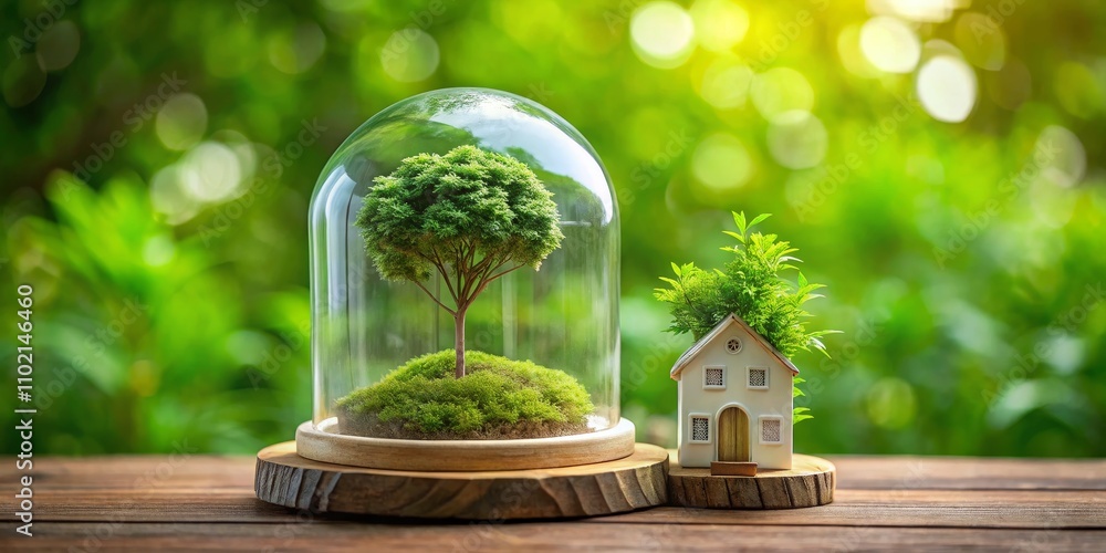 A Miniature Tree Under a Glass Dome on a Wooden Base, Green House Decor, Terrarium, Green A Miniature Tree Under a Glass Dome on a Wooden Base, Green House Decor, Terrarium, Green