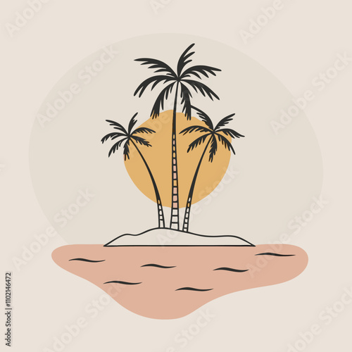 a circular illustration of a small island with three palm trees on it
