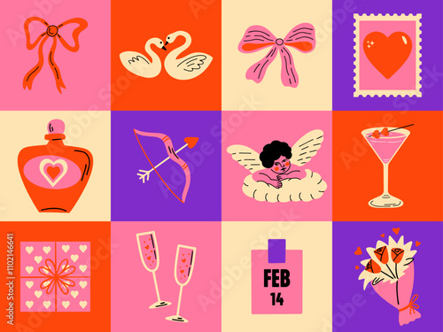 Saint Valentine's Day vector sticker elements set. Collection of cute groovy funky cartoon illustration of different romantic objects bow, cupid, love potion, heart, 14 February design concept, banner