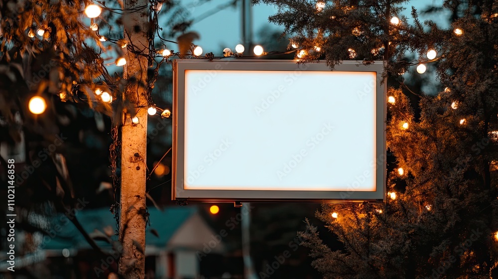 Blank Signboard Surrounded by Glowing Lights in Evening Atmosphere Blank Signboard Surrounded by Glowing Lights in Evening Atmosphere