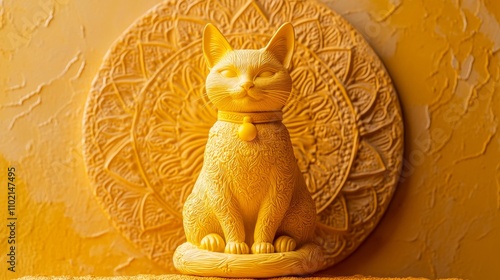 A bright yellow cat figurine with intricate details, placed centrally on a textured orange backdrop