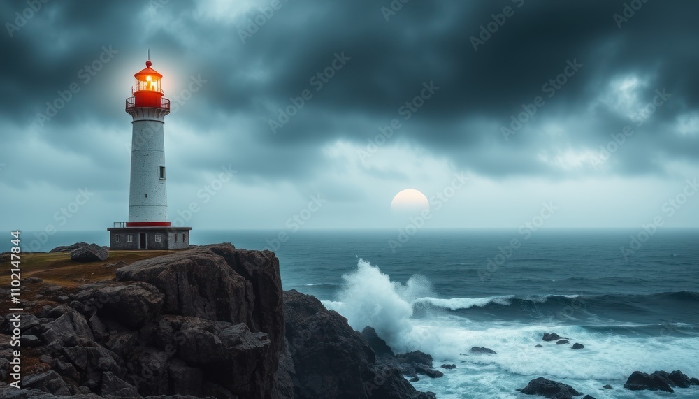 Naklejka premium Powerful lighthouse on a stormy cliff overlooking the ocean.