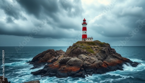 Red and white lighthouse on a rocky island amidst a stormy sea.